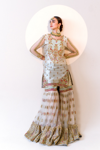 Pakistani Off-White Embroidered Crinkle Sharara Set (2-Piece) - Image 2