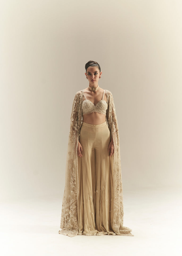 Indian Ivory Embroidered Georgette Sharara Set (3-Piece) - Image 1