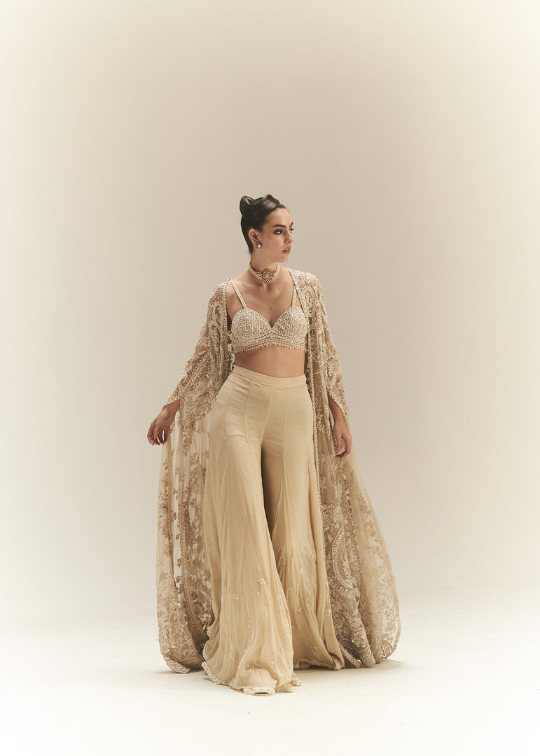 Indian Ivory Embroidered Georgette Sharara Set (3-Piece) - Image 3