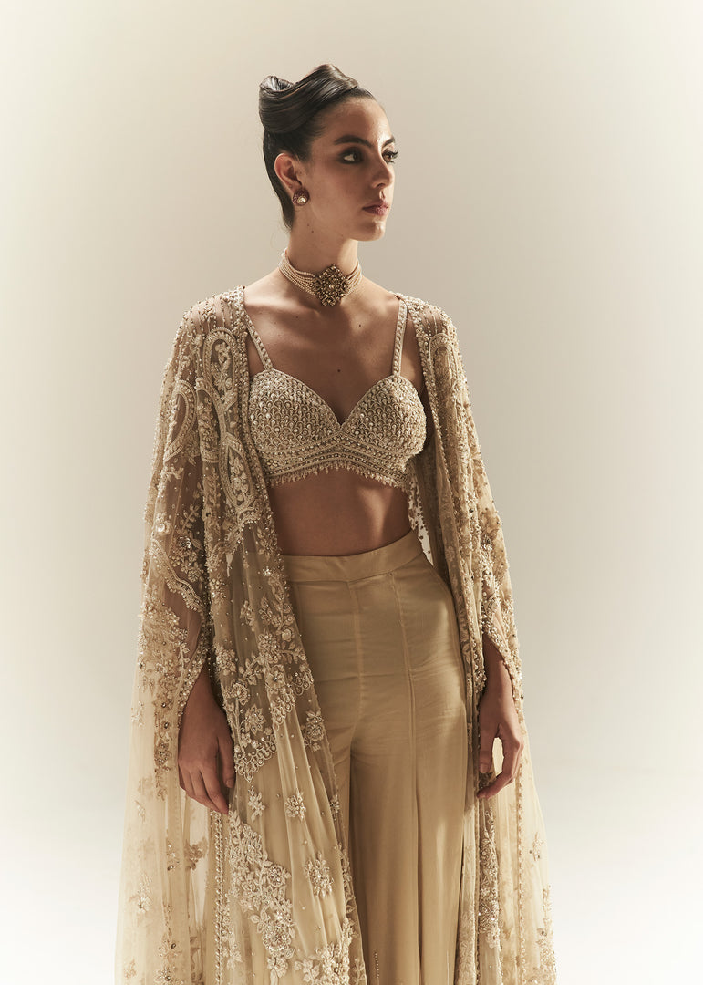 Indian Ivory Embroidered Georgette Sharara Set (3-Piece) - Image 4