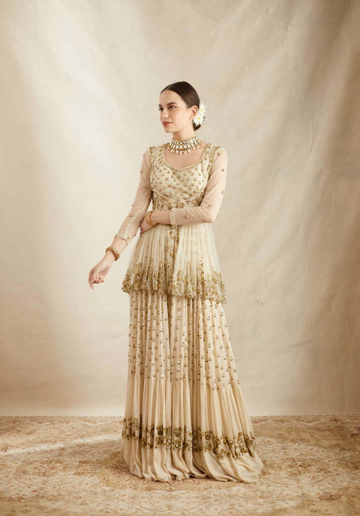 Off White Booti Embroidered Georgette Peplum Sharara (2-Piece) - Image 1