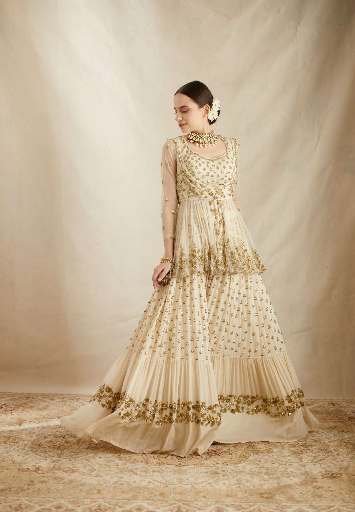 Off White Booti Embroidered Georgette Peplum Sharara (2-Piece) - Image 2