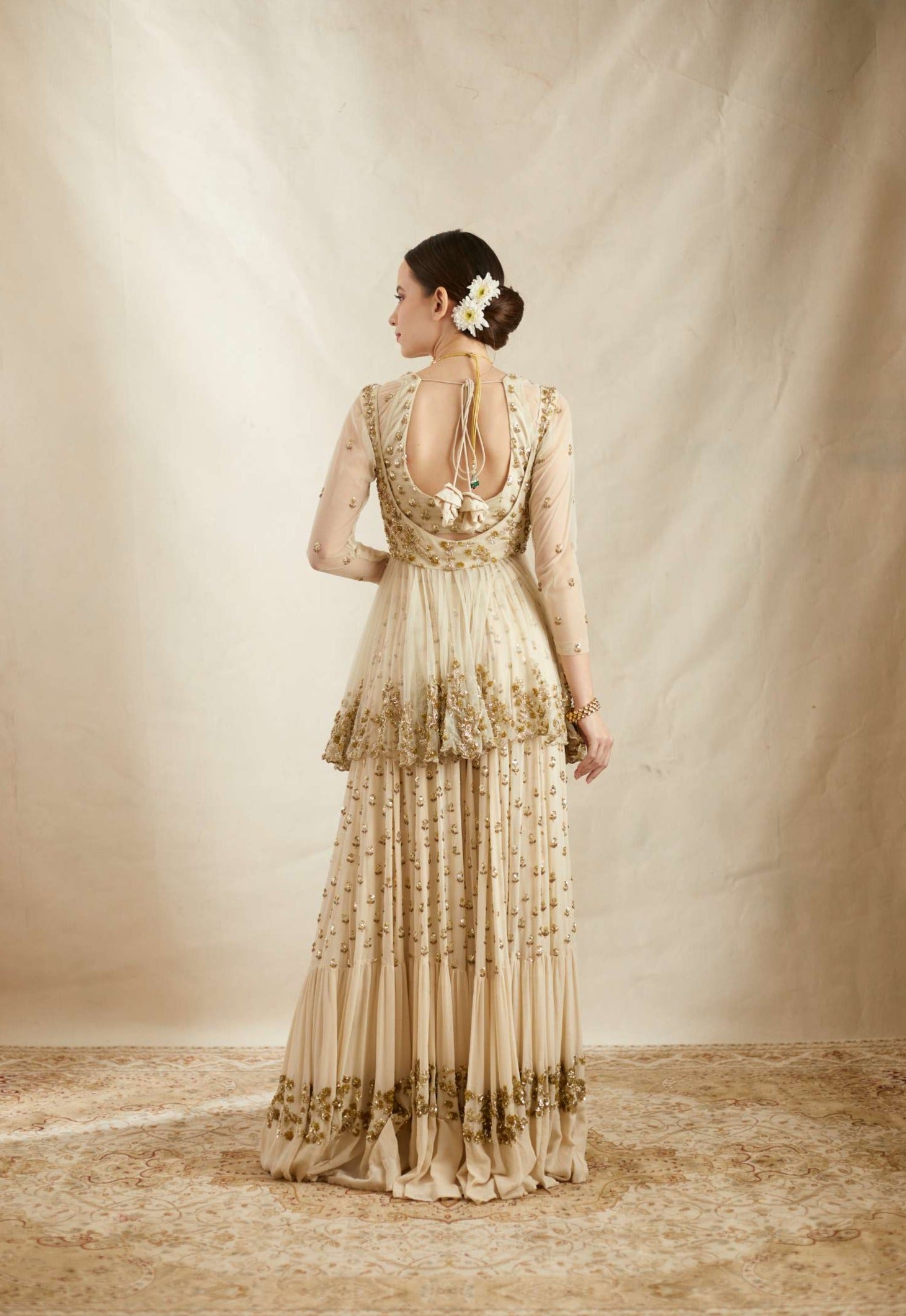 Off White Booti Embroidered Georgette Peplum Sharara (2-Piece) - Image 5