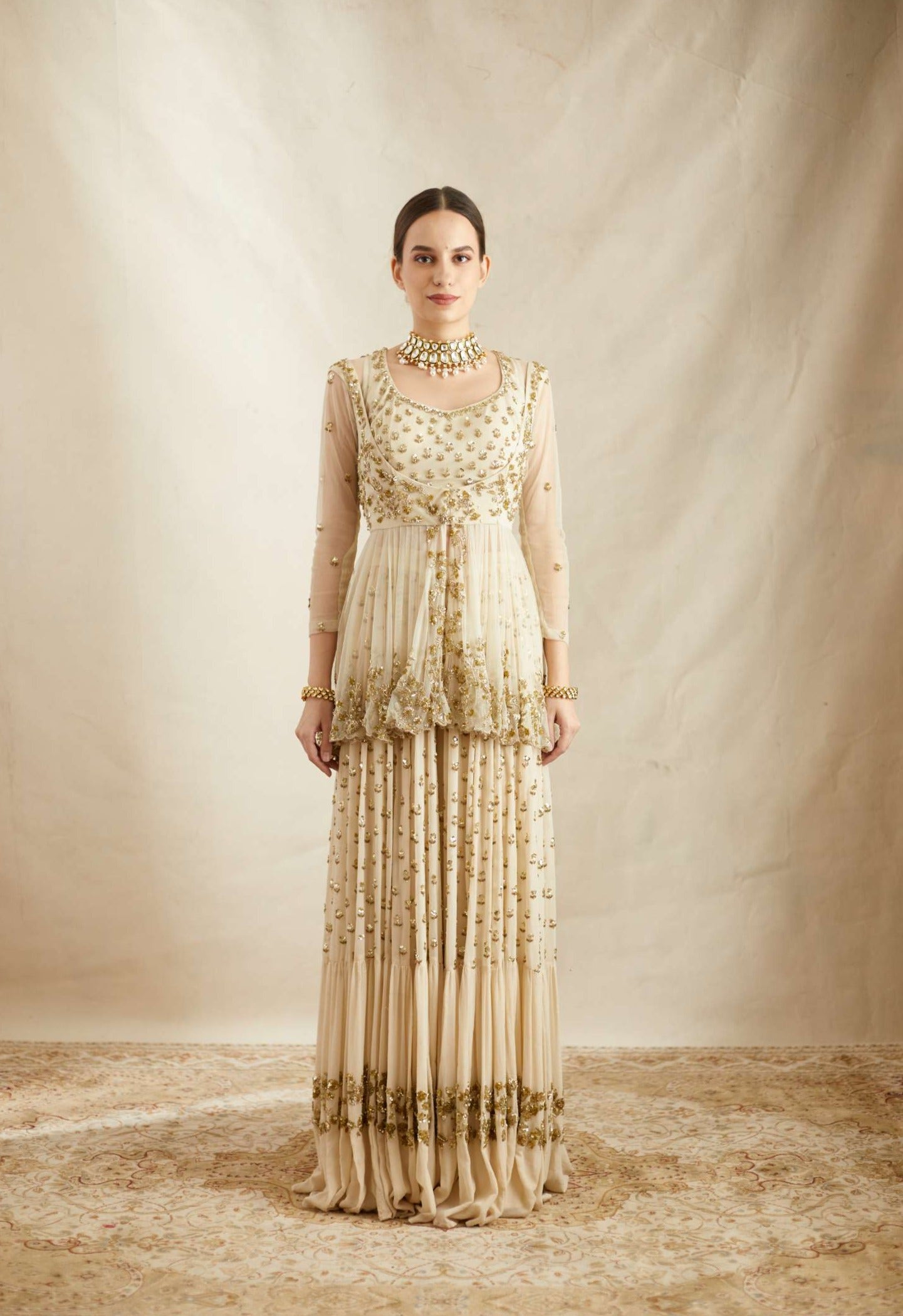 Off White Booti Embroidered Georgette Peplum Sharara (2-Piece) - Image 6