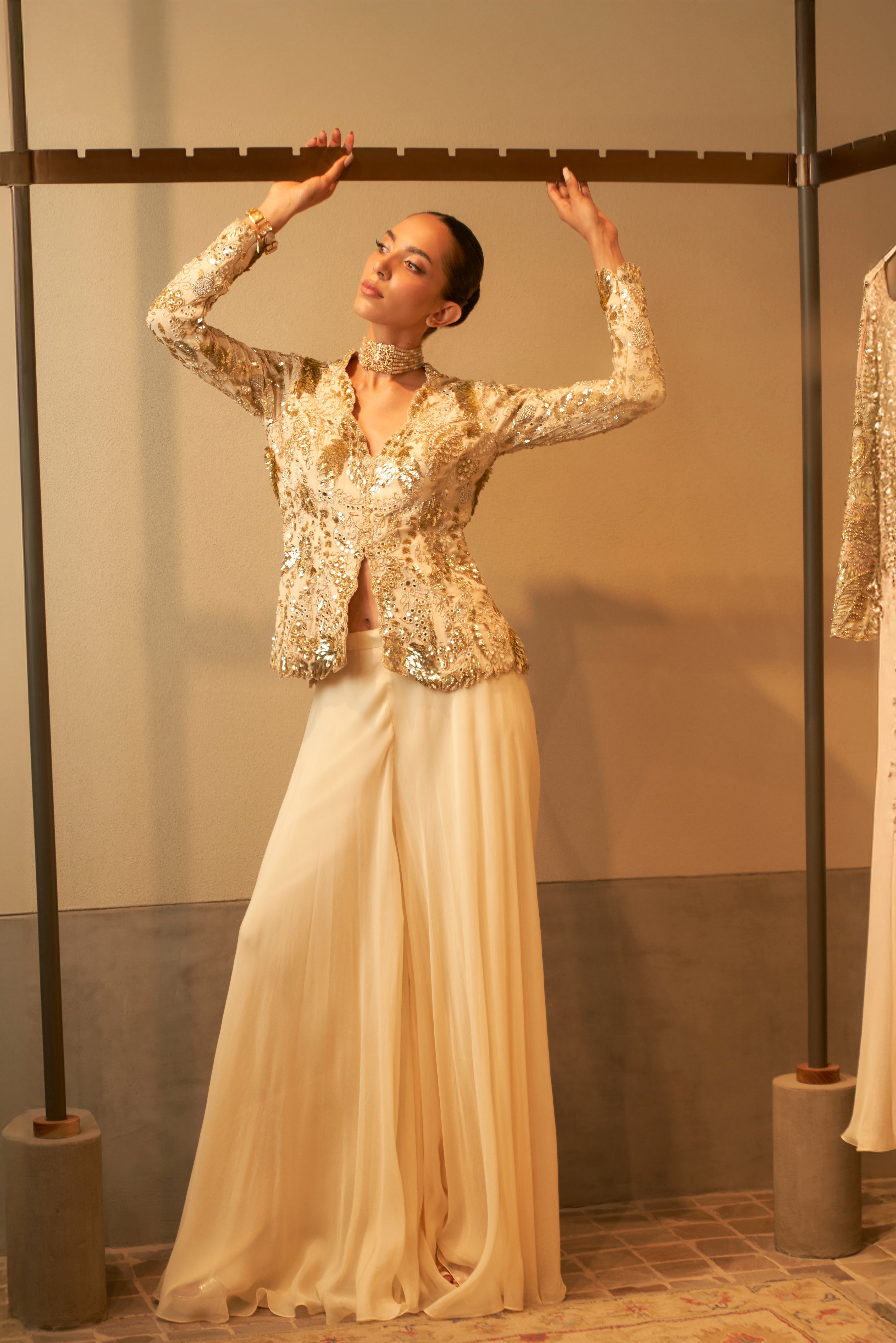 Indian Ivory Sequin-Embroidered Georgette Jacket with Organza Sharara (2-Piece) - Image 1