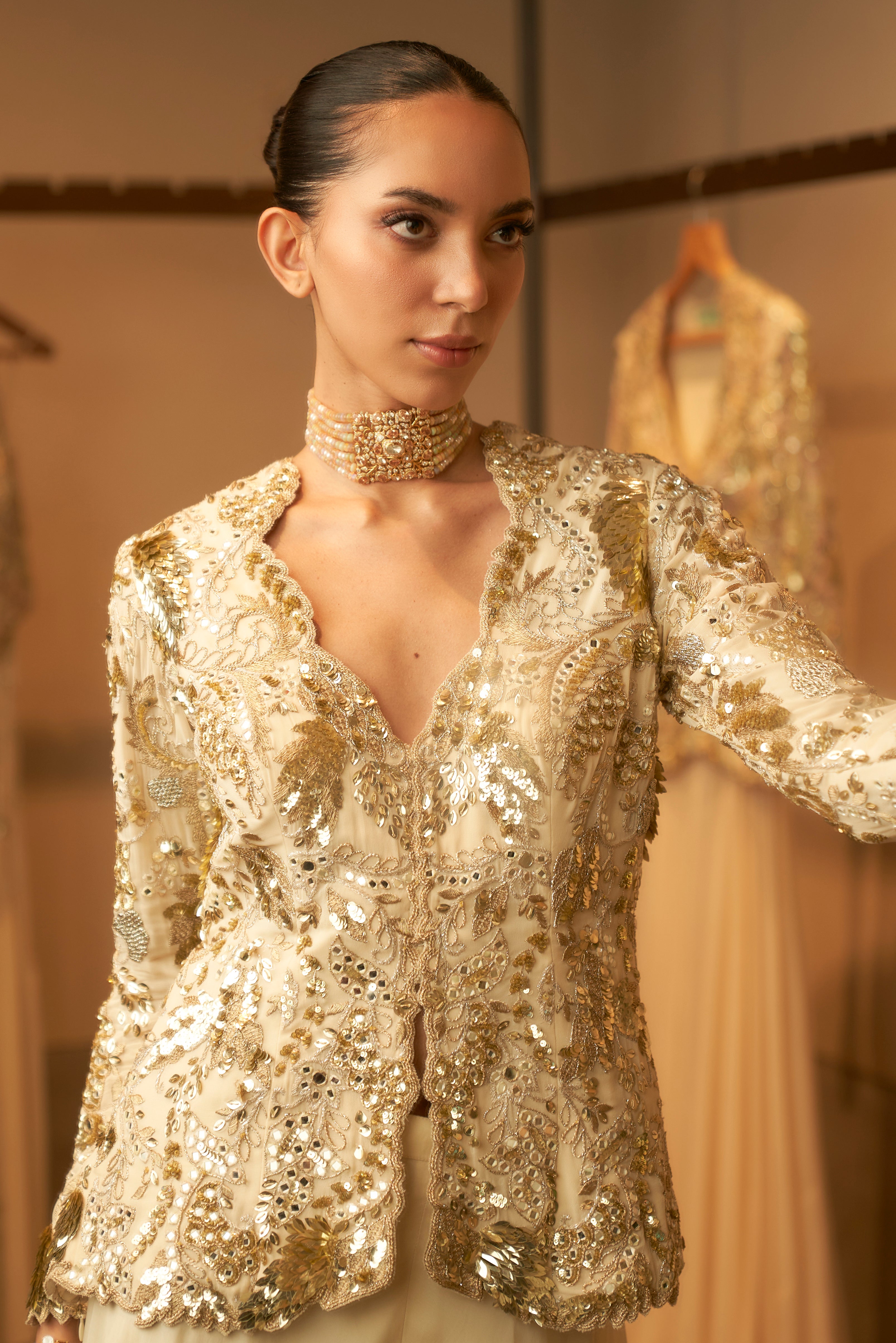 Indian Ivory Sequin-Embroidered Georgette Jacket with Organza Sharara (2-Piece) - Image 2