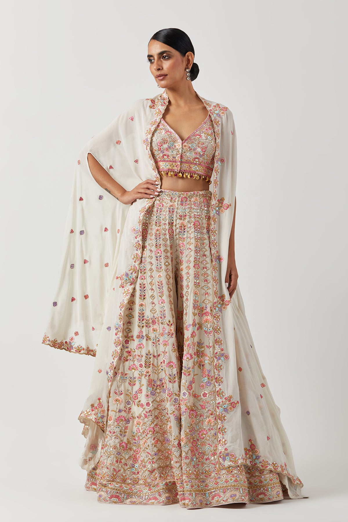 Indian Ivory Embroidered Georgette Sharara Set (3-Piece) - Image 1