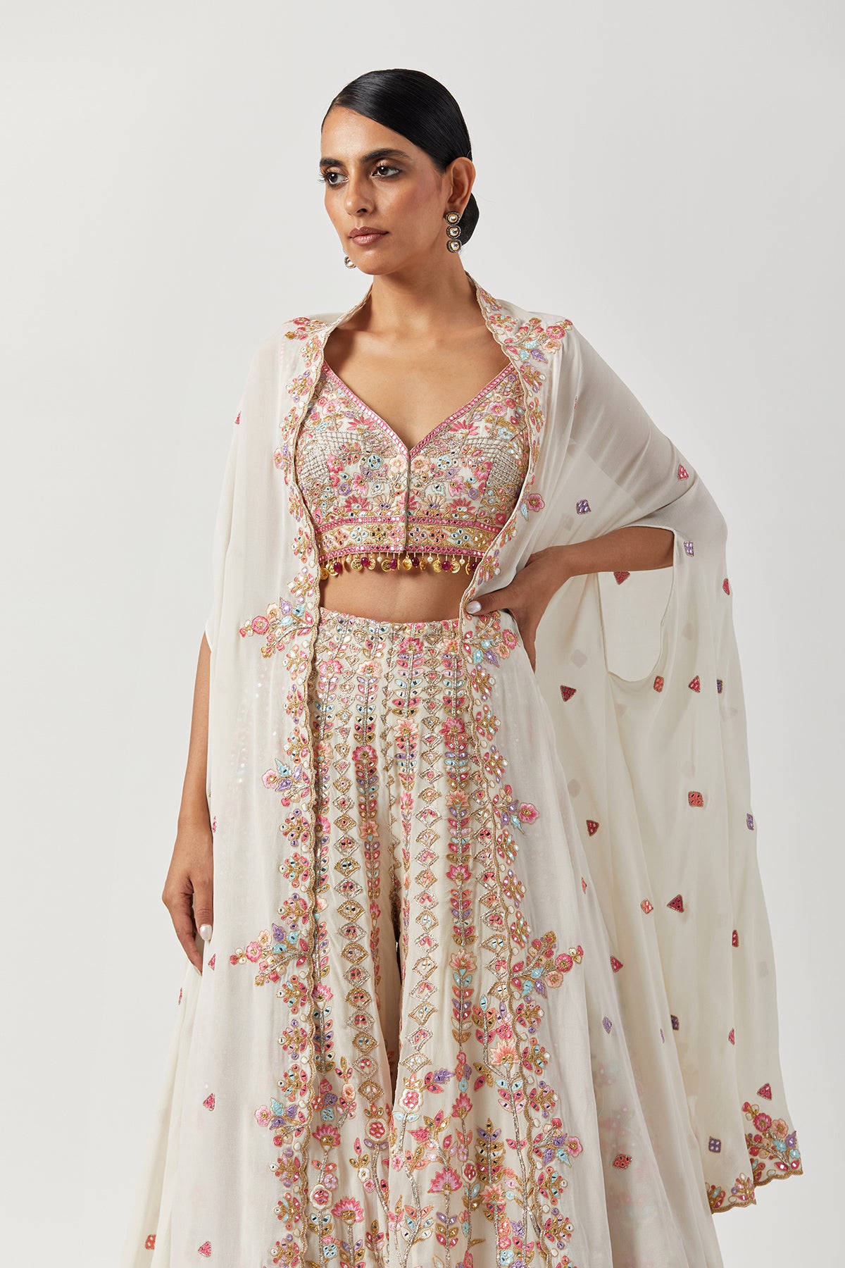 Indian Ivory Embroidered Georgette Sharara Set (3-Piece) - Image 2