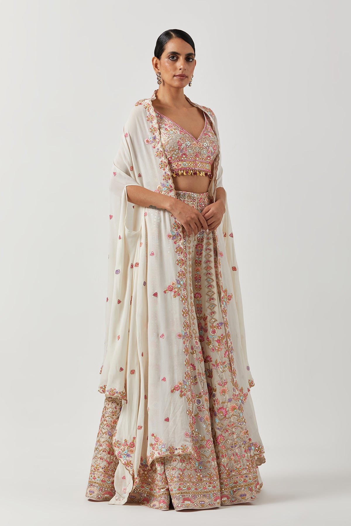 Indian Ivory Embroidered Georgette Sharara Set (3-Piece) - Image 3