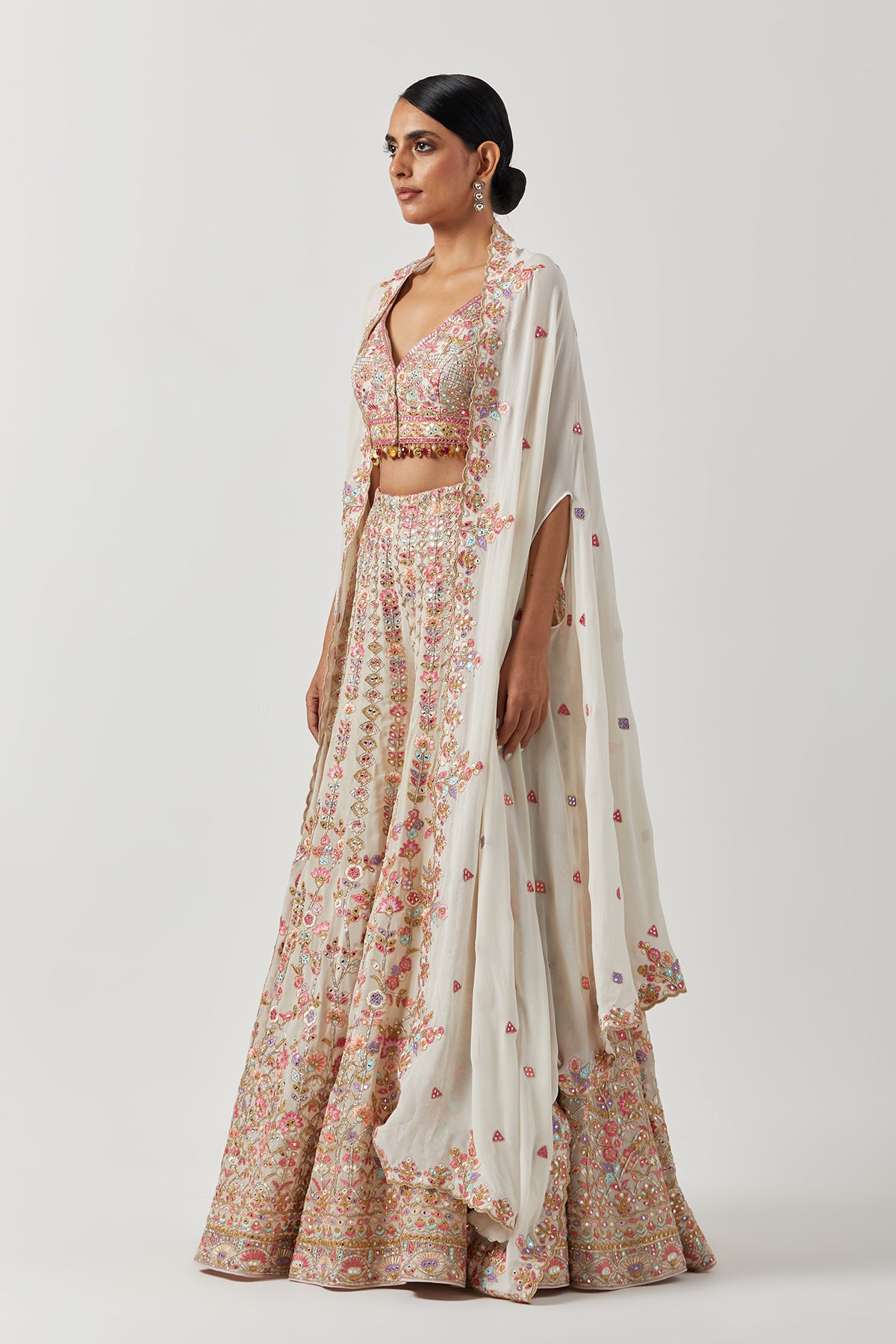 Indian Ivory Embroidered Georgette Sharara Set (3-Piece) - Image 4