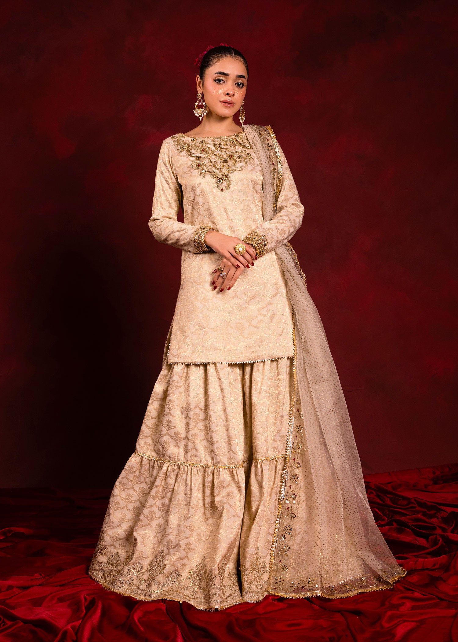 Pakistani Off-White Ada Work Jacquard Sharara (3-Piece) - Image 1