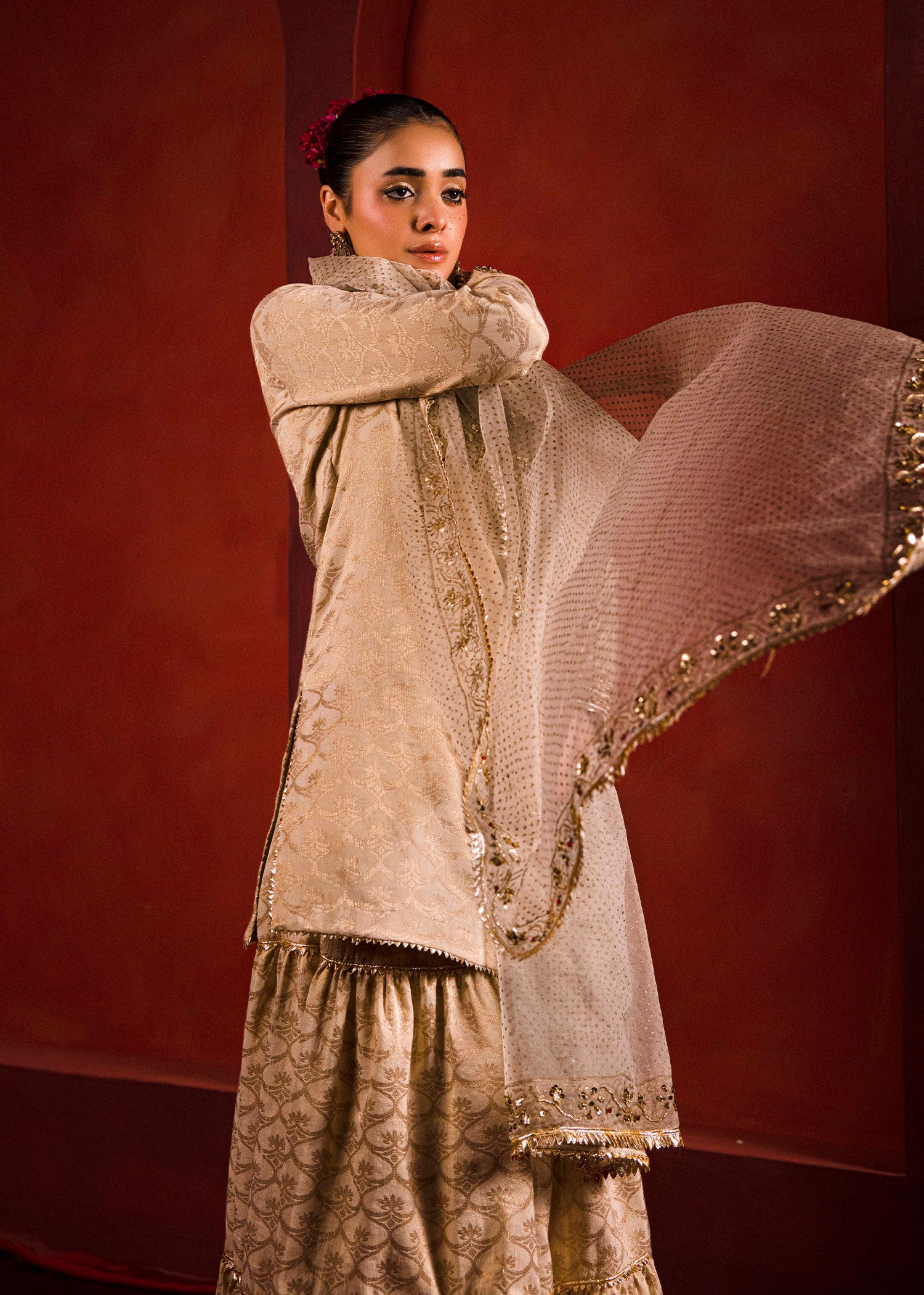 Pakistani Off-White Ada Work Jacquard Sharara (3-Piece) - Image 10