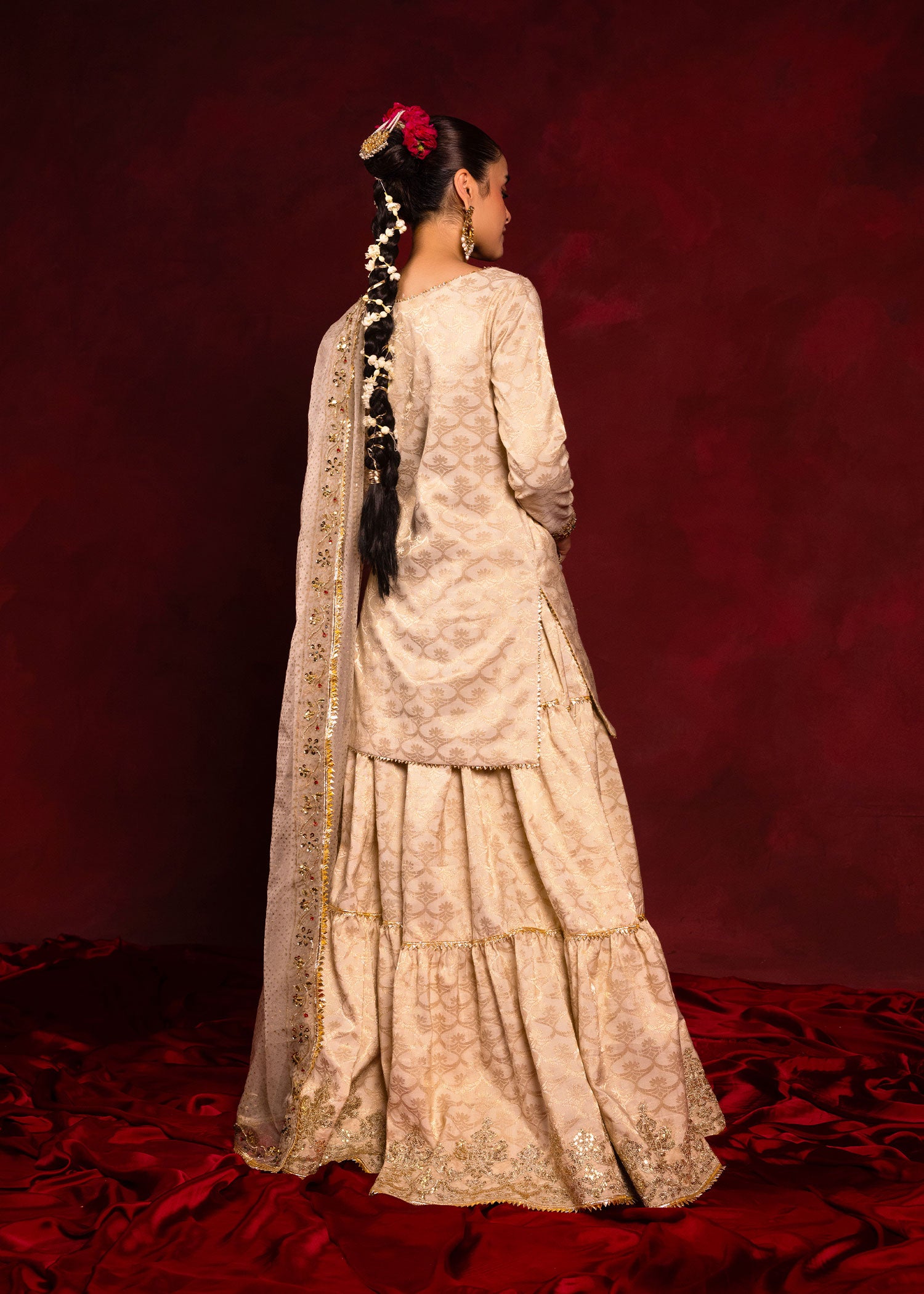 Pakistani Off-White Ada Work Jacquard Sharara (3-Piece) - Image 11