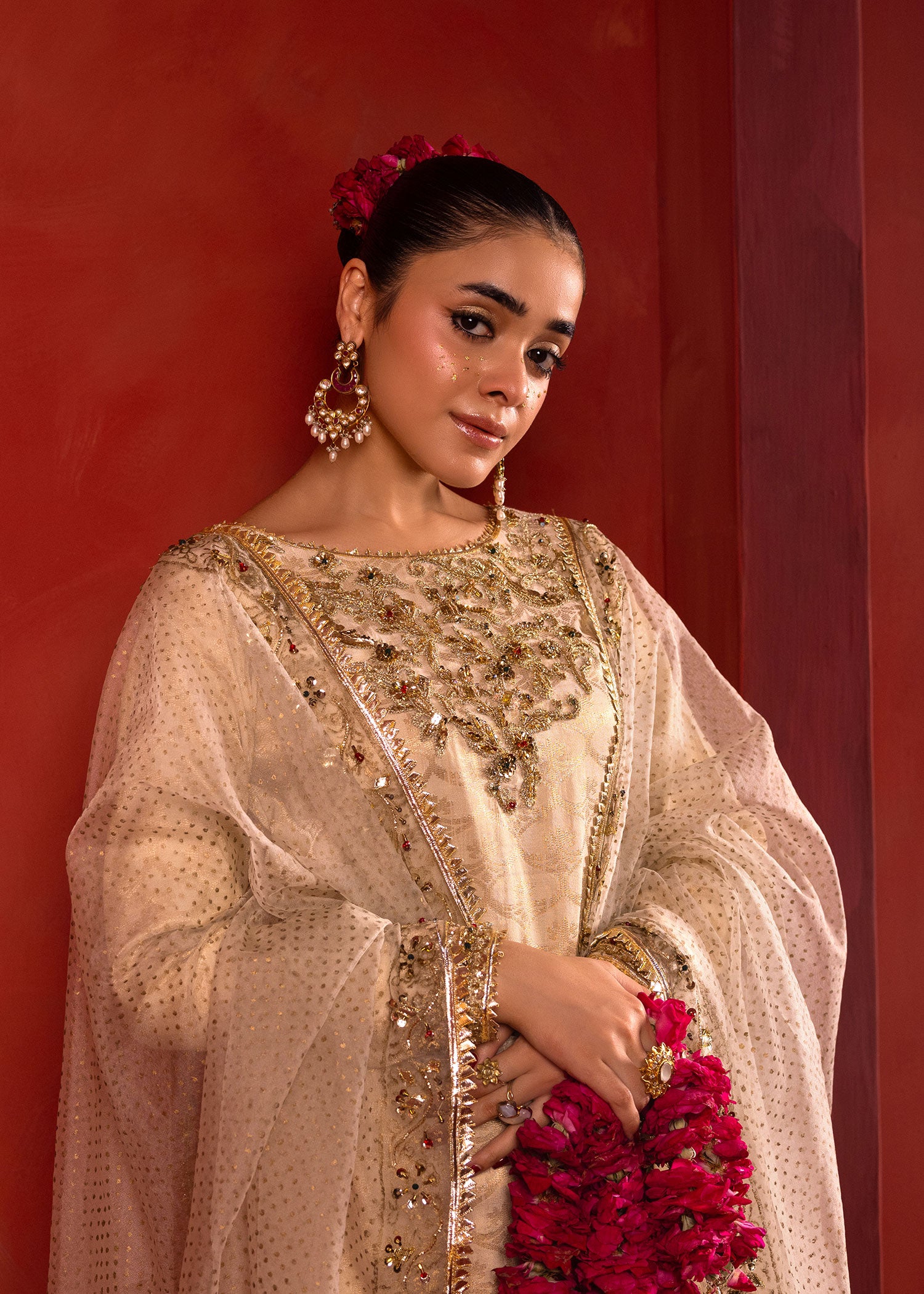 Pakistani Off-White Ada Work Jacquard Sharara (3-Piece) - Image 2