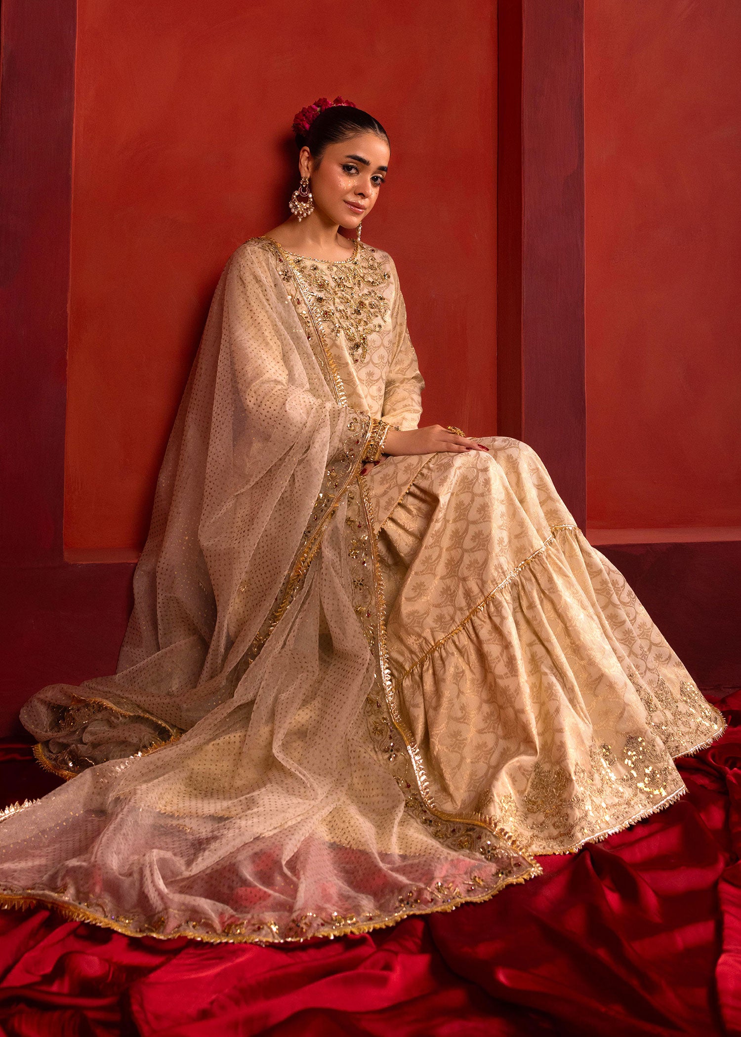 Pakistani Off-White Ada Work Jacquard Sharara (3-Piece) - Image 5