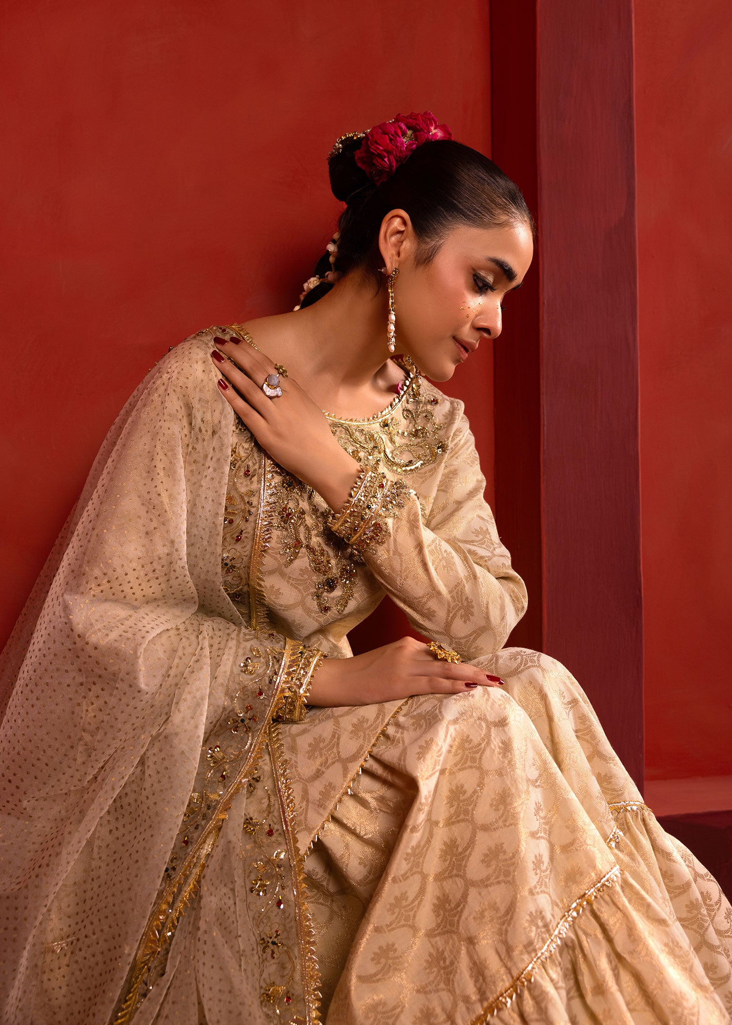 Pakistani Off-White Ada Work Jacquard Sharara (3-Piece) - Image 6