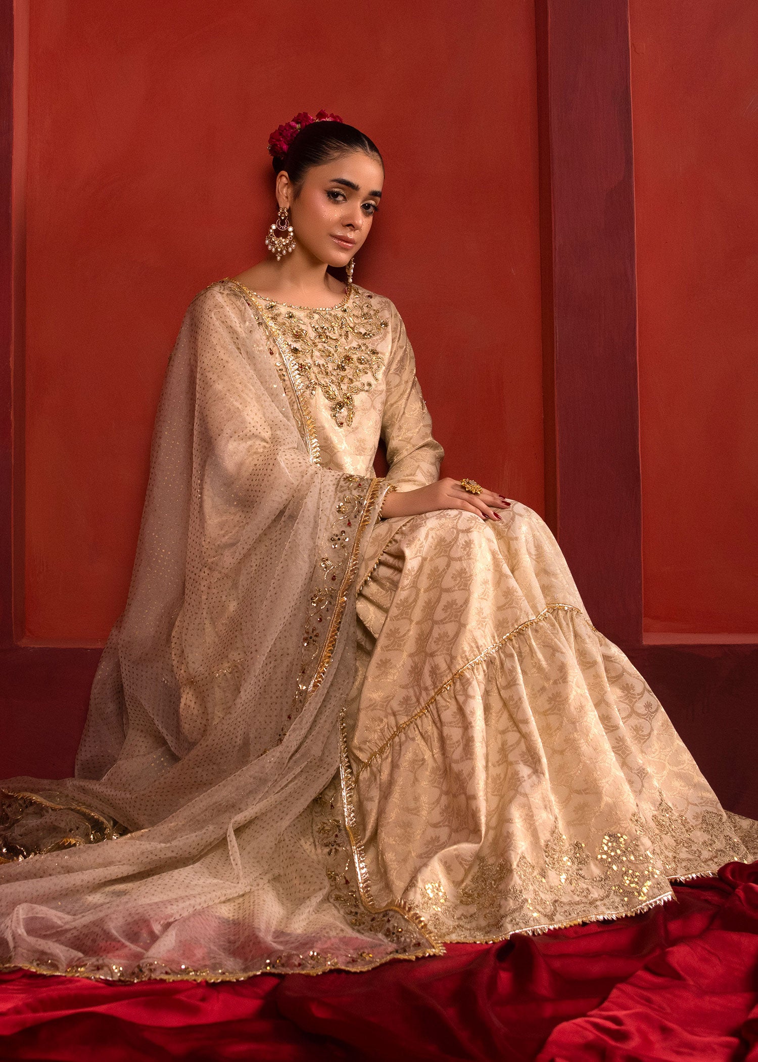 Pakistani Off-White Ada Work Jacquard Sharara (3-Piece) - Image 7