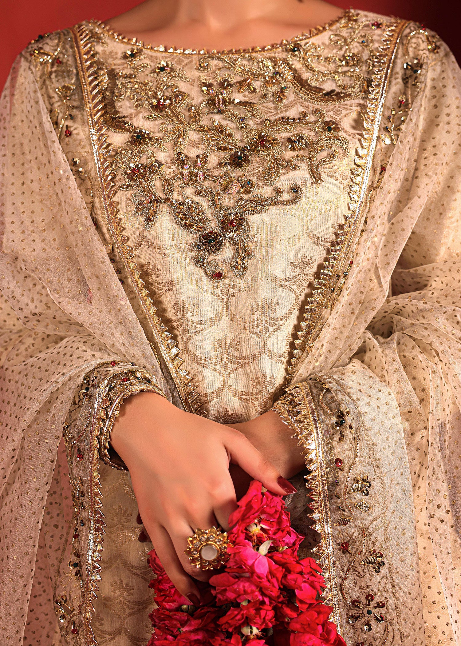 Pakistani Off-White Ada Work Jacquard Sharara (3-Piece) - Image 9