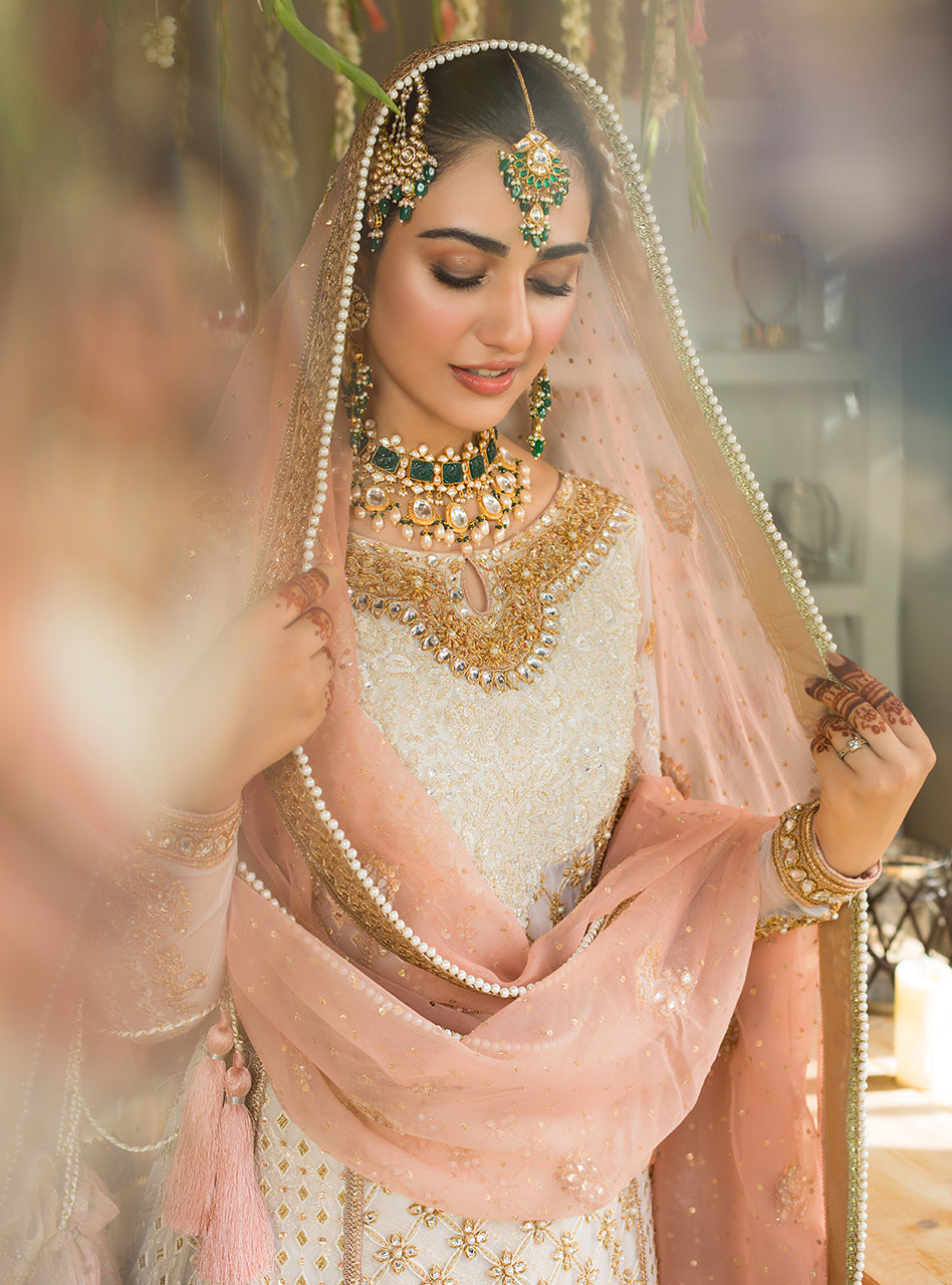 Pakistani Ivory Embroidered Net Bridal Gown (3-Piece) - Image 5