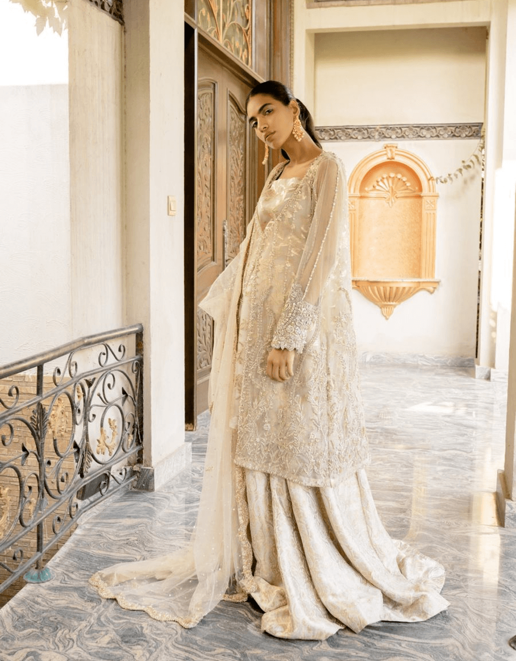 Pakistani Off-White Hand-Embellished Net Sharara (3-Piece) - Image 1