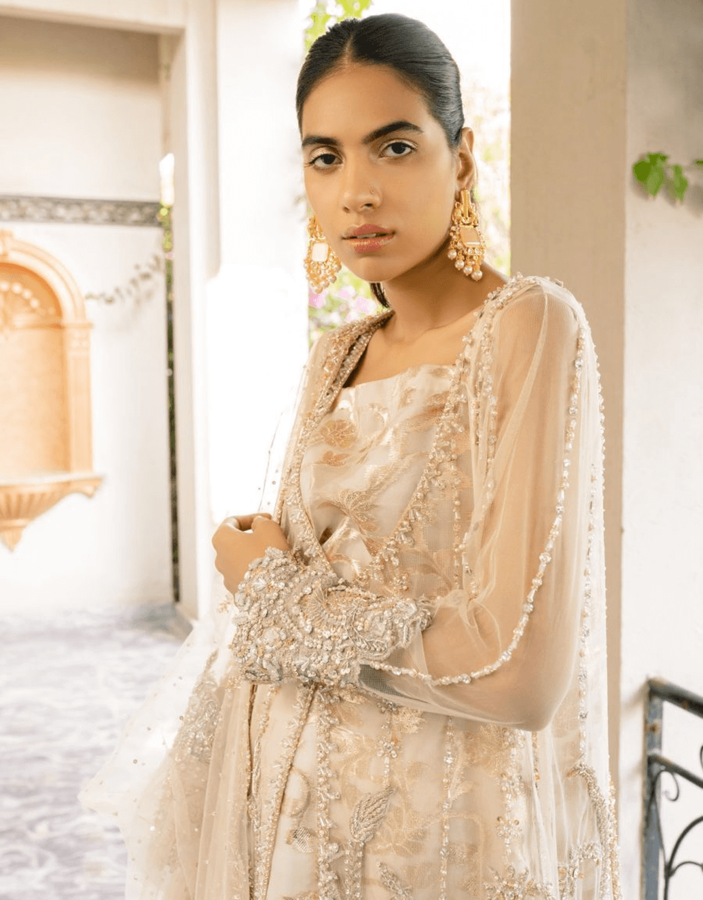 Pakistani Off-White Hand-Embellished Net Sharara (3-Piece) - Image 2