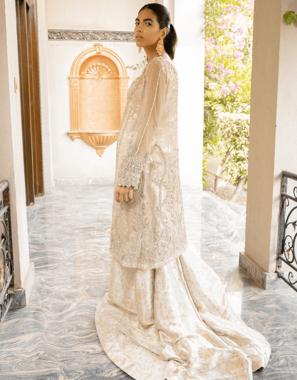 Pakistani Off-White Hand-Embellished Net Sharara (3-Piece) - Image 3