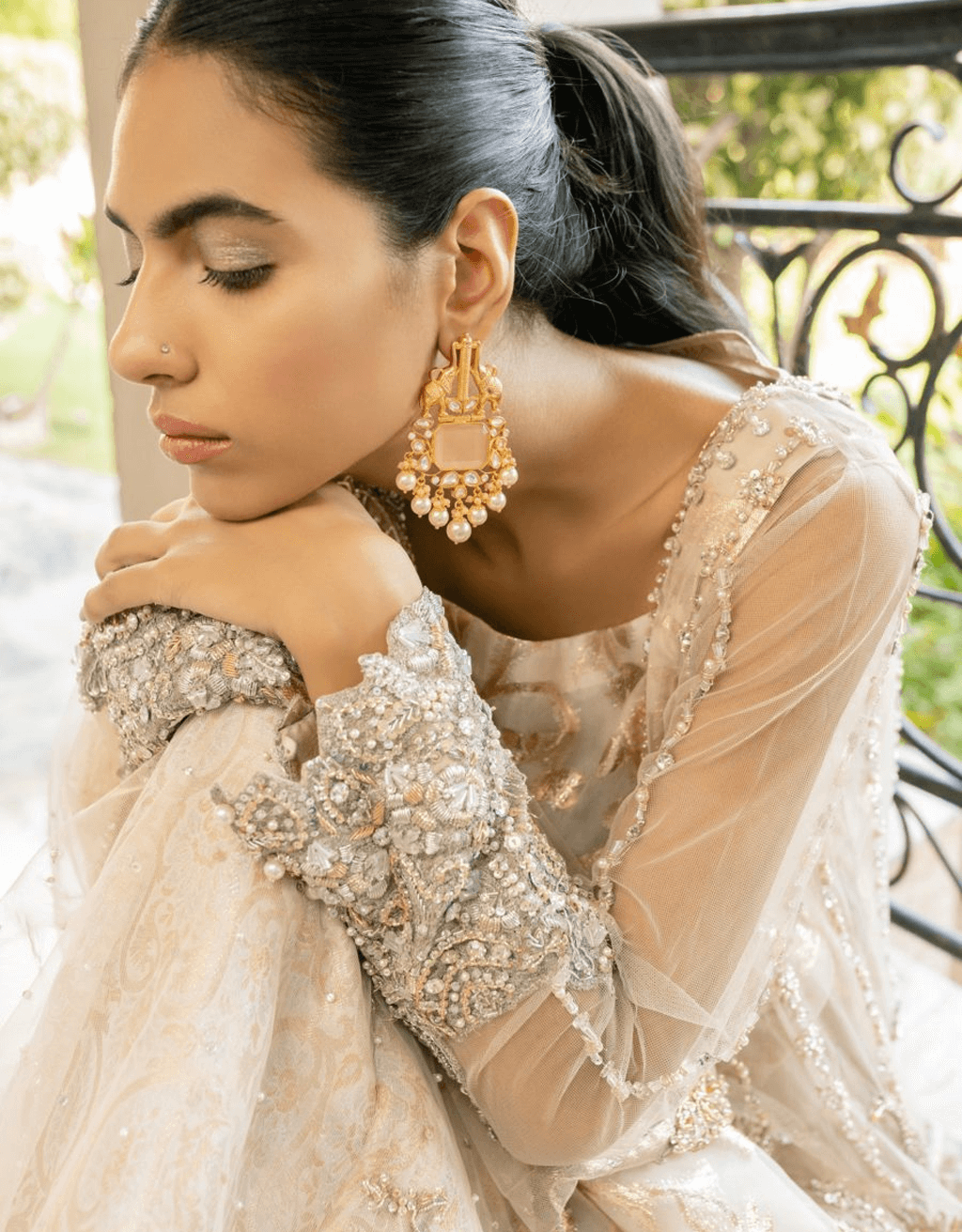 Pakistani Off-White Hand-Embellished Net Sharara (3-Piece) - Image 4