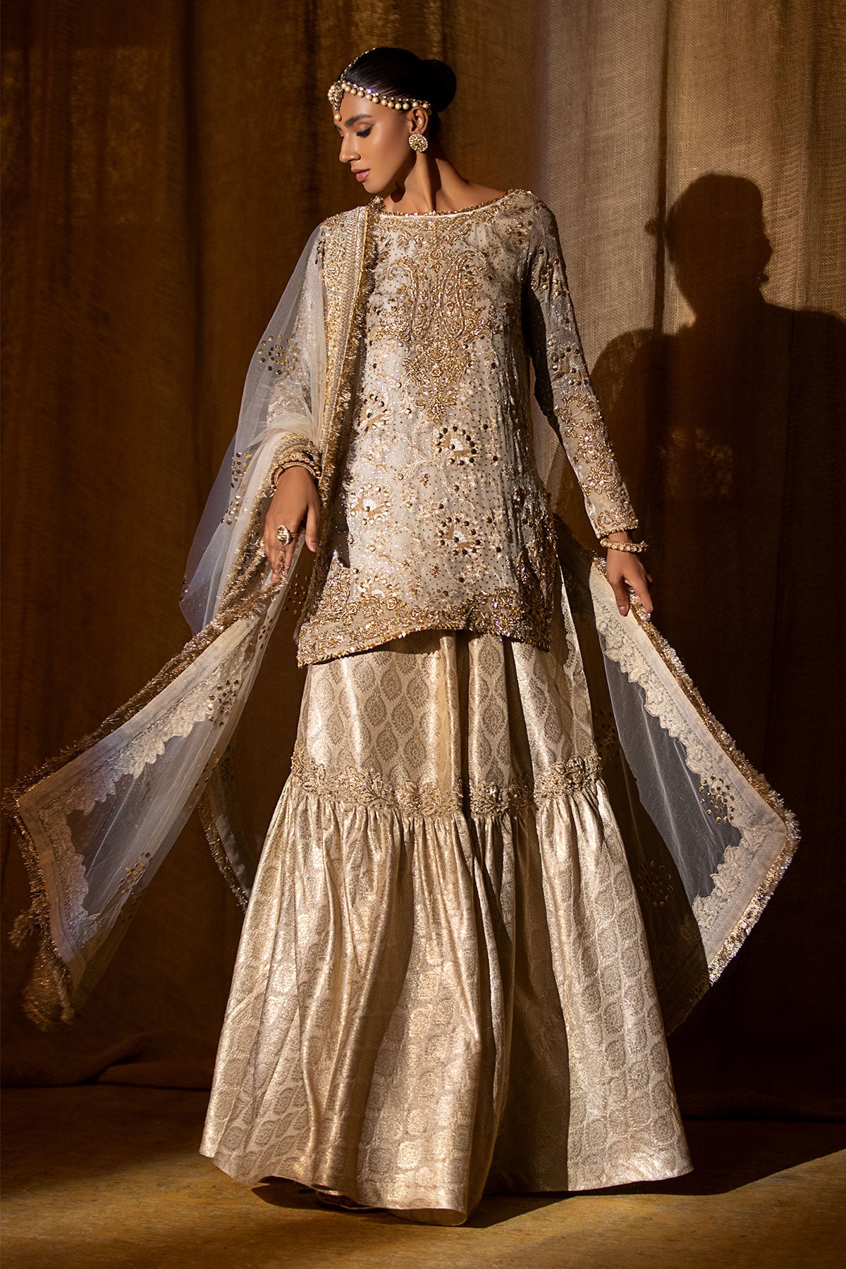Pakistani Ivory Grey Embellished Mukesh Shirt with Jamawar Sharara (3-Piece) - Image 1