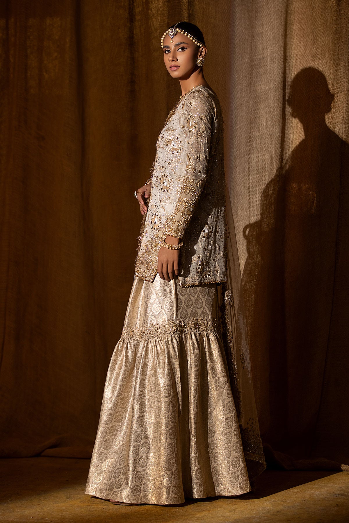 Pakistani Ivory Grey Embellished Mukesh Shirt with Jamawar Sharara (3-Piece) - Image 3