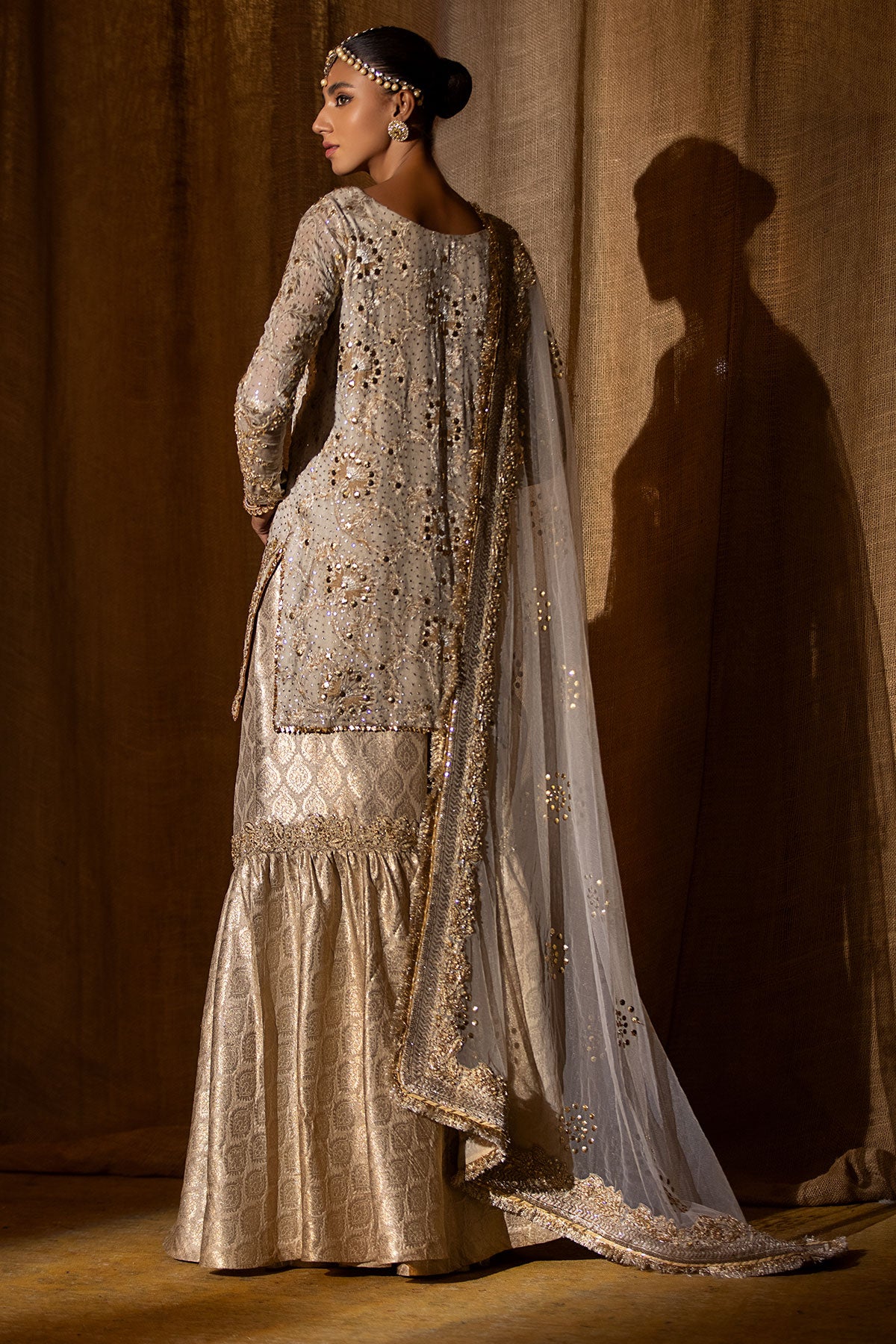 Pakistani Ivory Grey Embellished Mukesh Shirt with Jamawar Sharara (3-Piece) - Image 4