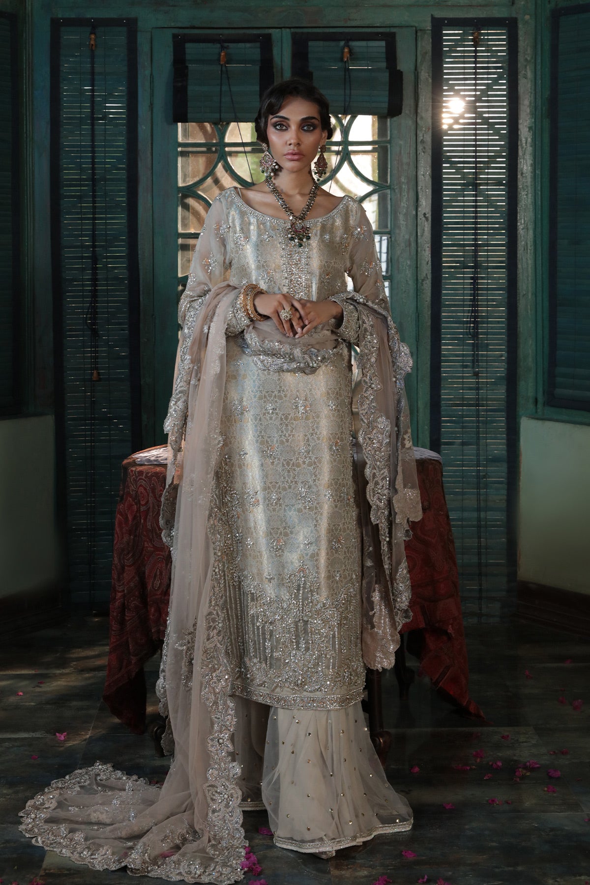 Pakistani Ivory Jamawar Embroidered Sharara (3-Piece) - Image 1