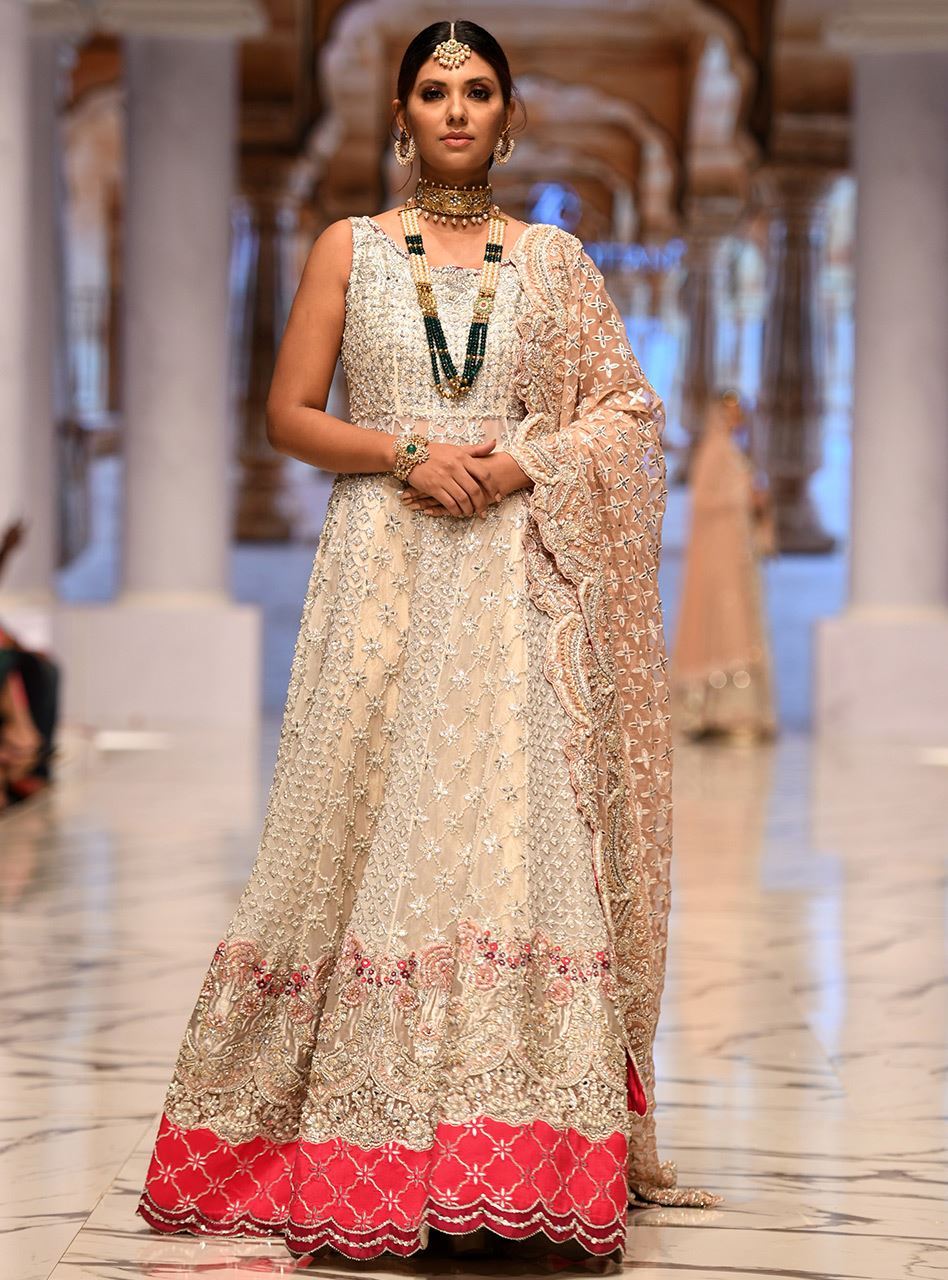 Pakistani Ivory Embellished Net Anarkali with Jamawar Sharara (3-Piece) - Image 1