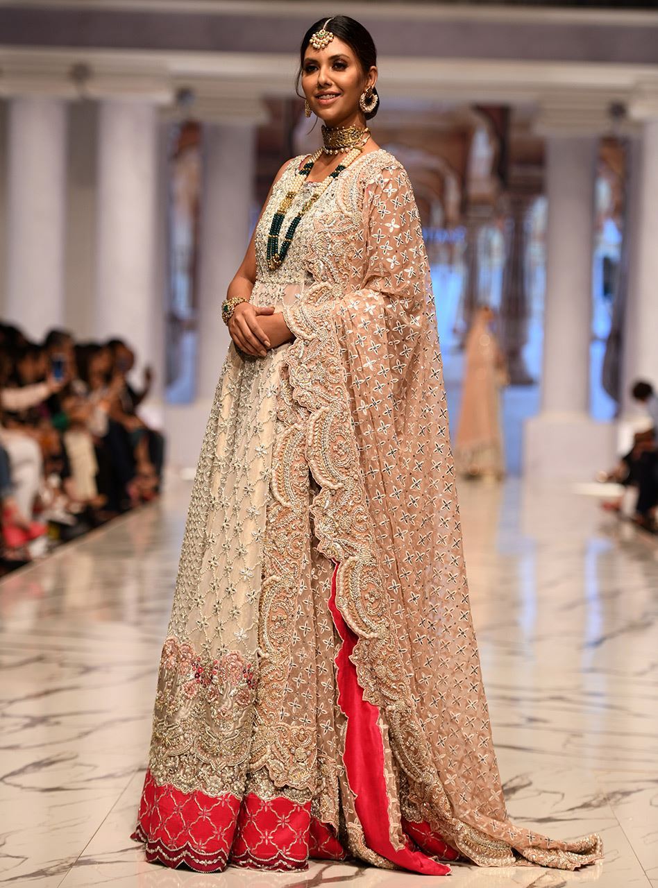 Pakistani Ivory Embellished Net Anarkali with Jamawar Sharara (3-Piece) - Image 2