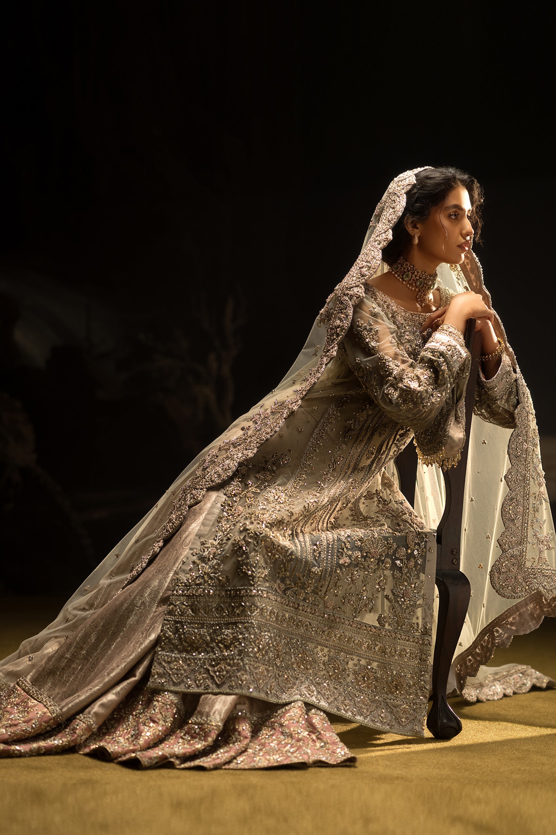 Ivory Coral Pink Embellished Net Jamawar Sharara (4-Piece) - Image 3