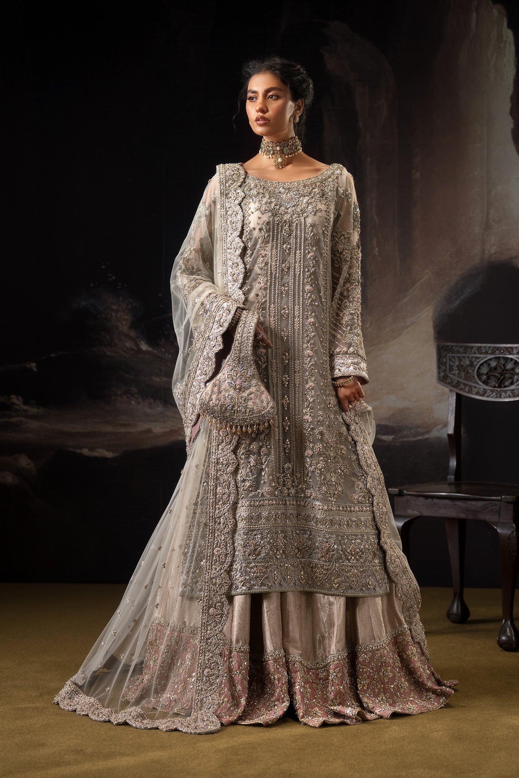 Pakistani Ivory & Coral Pink Embroidered Net Jamawar Sharara (4-Piece) - Image 1