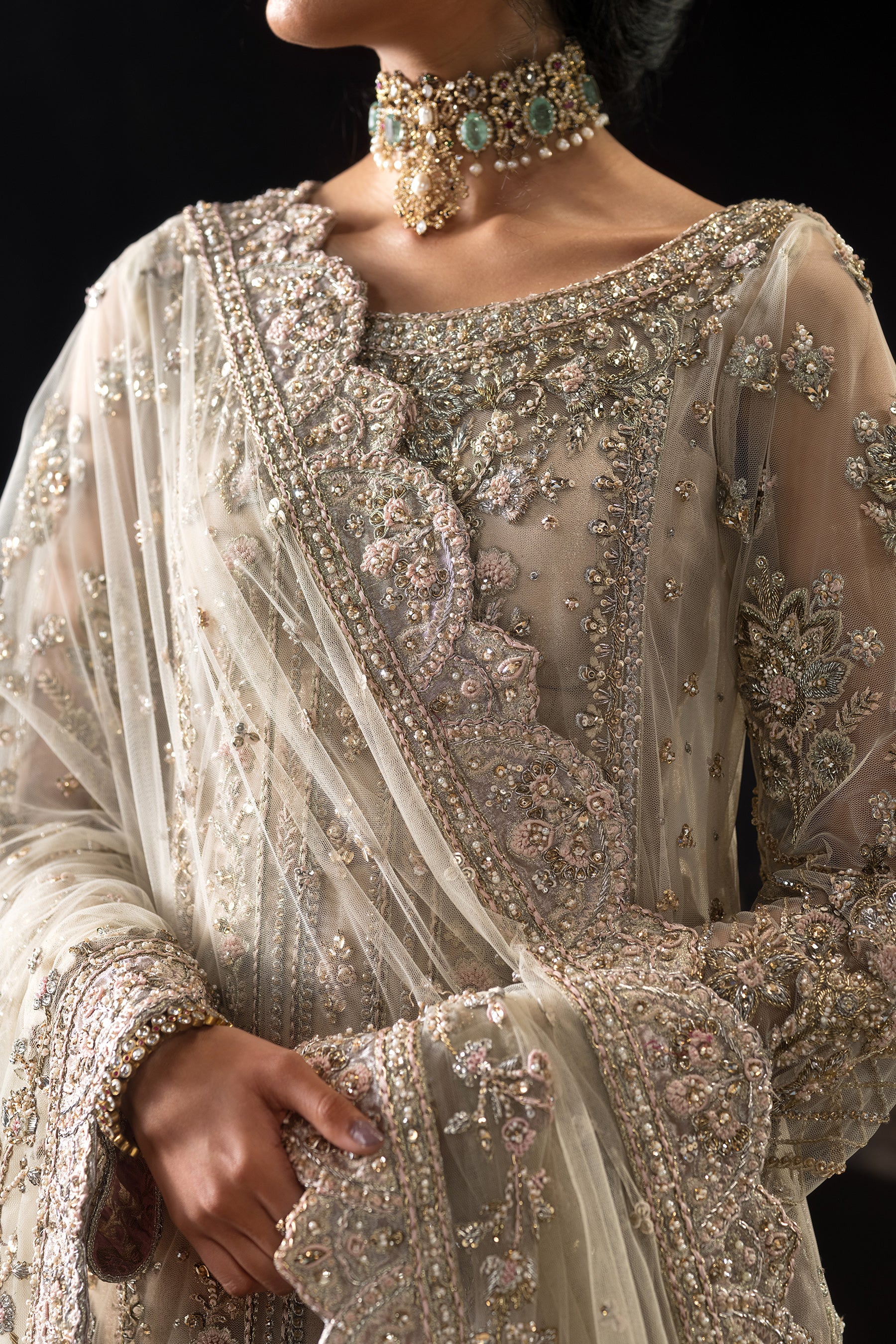 Pakistani Ivory & Coral Pink Embroidered Net Jamawar Sharara (4-Piece) - Image 2