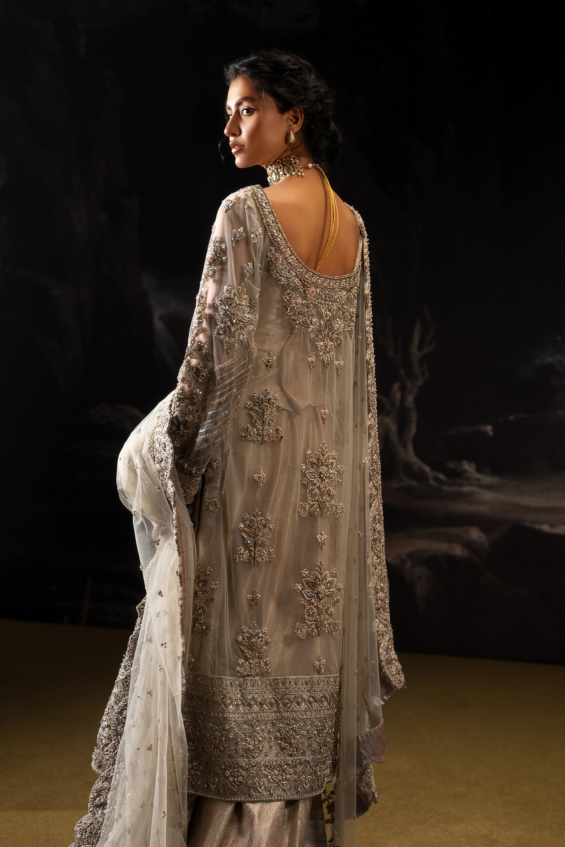 Pakistani Ivory & Coral Pink Embroidered Net Jamawar Sharara (4-Piece) - Image 4