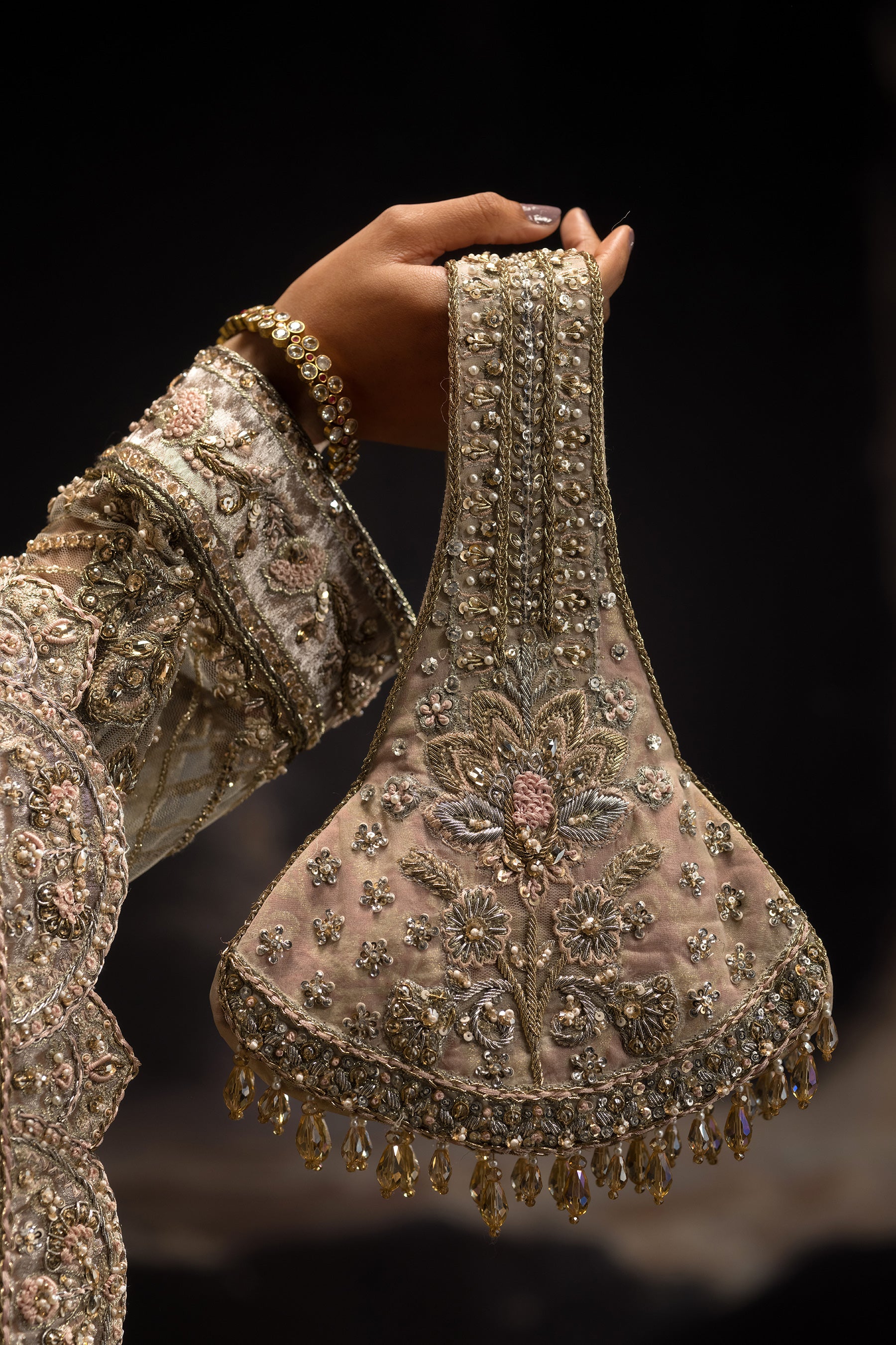 Pakistani Ivory & Coral Pink Embroidered Net Jamawar Sharara (4-Piece) - Image 5