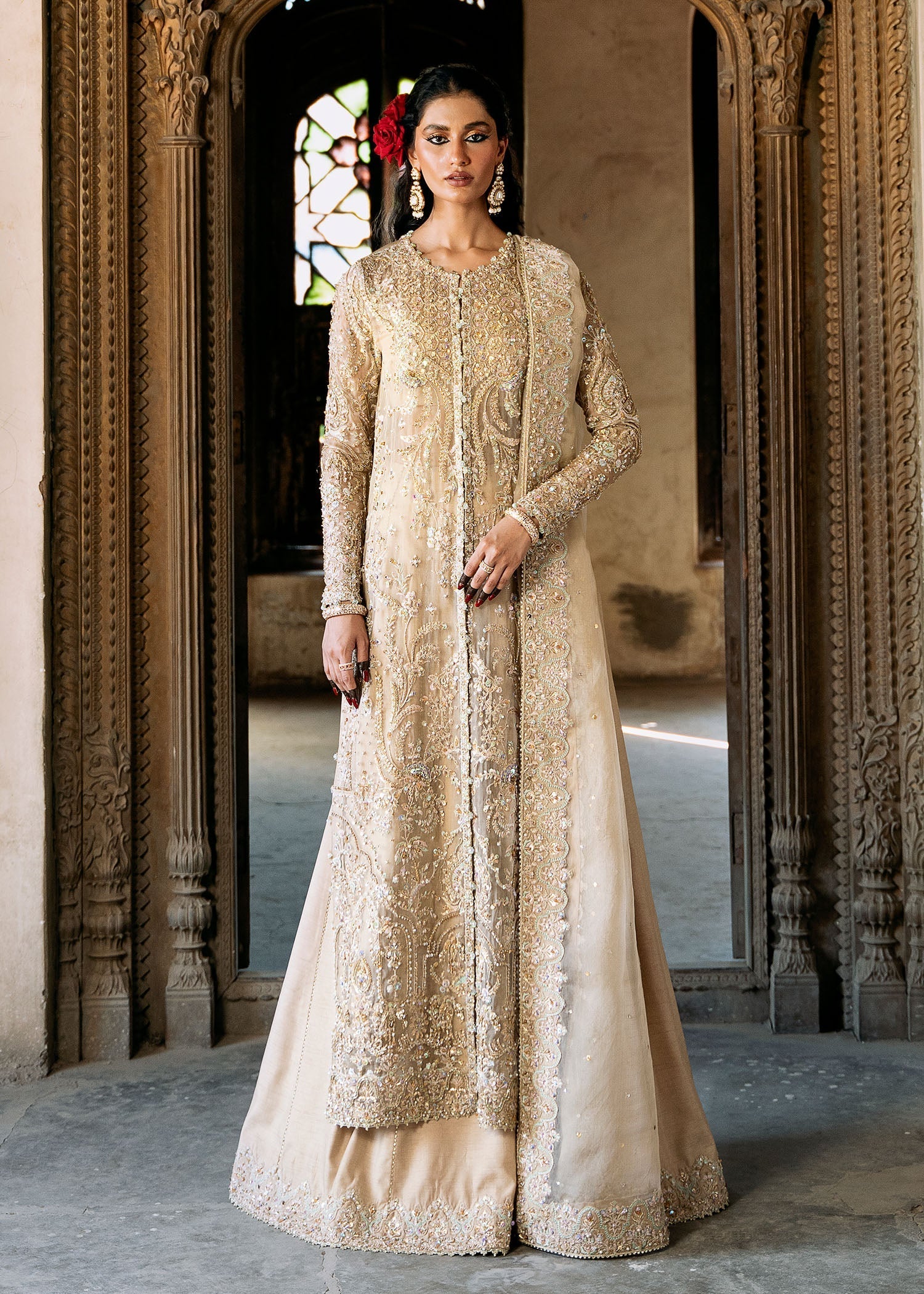 Indian Nude Embellished Kathan Organza Open Gown Sharara (3-Piece) - Image 3