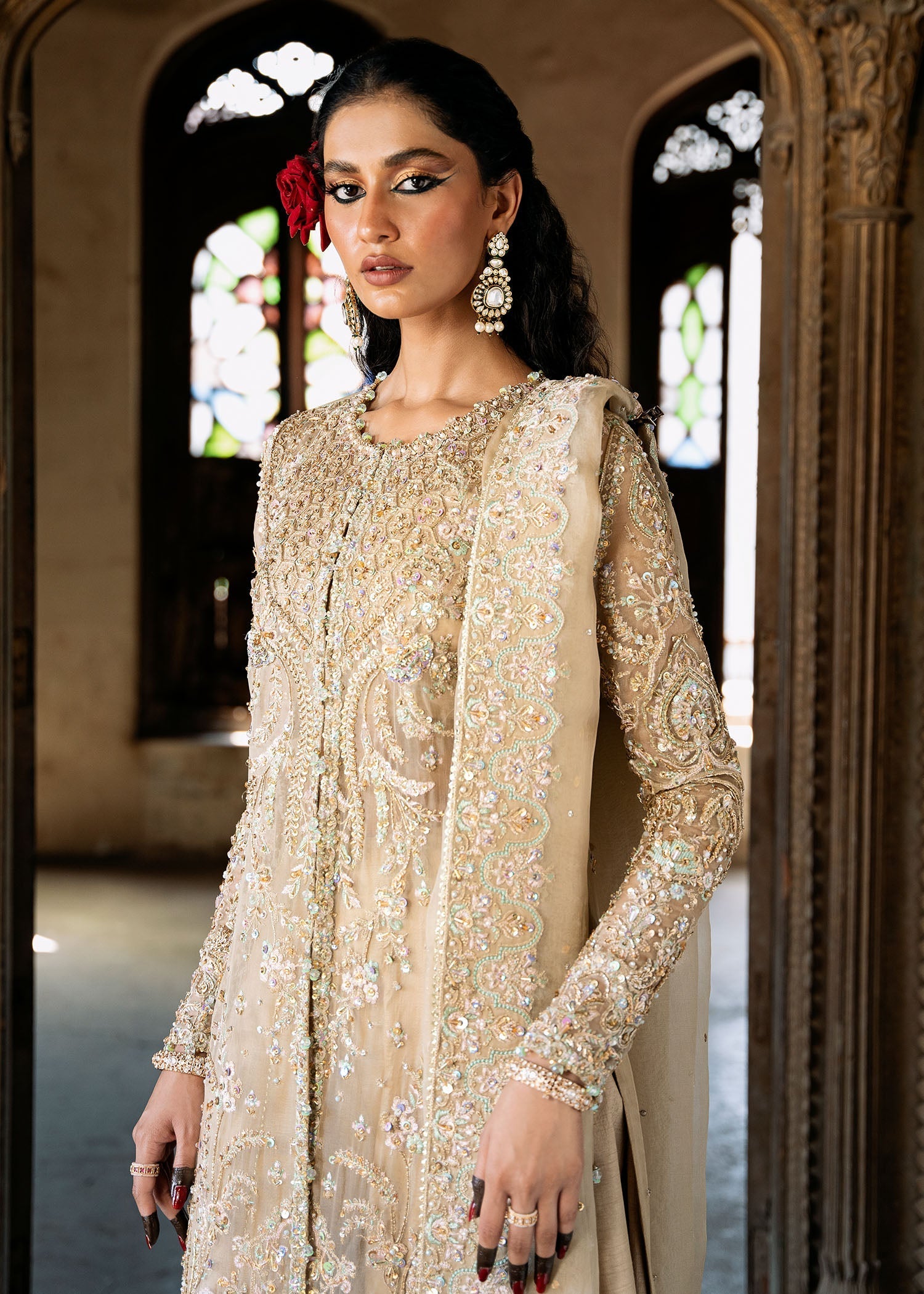 Indian Nude Embellished Kathan Organza Open Gown Sharara (3-Piece) - Image 4