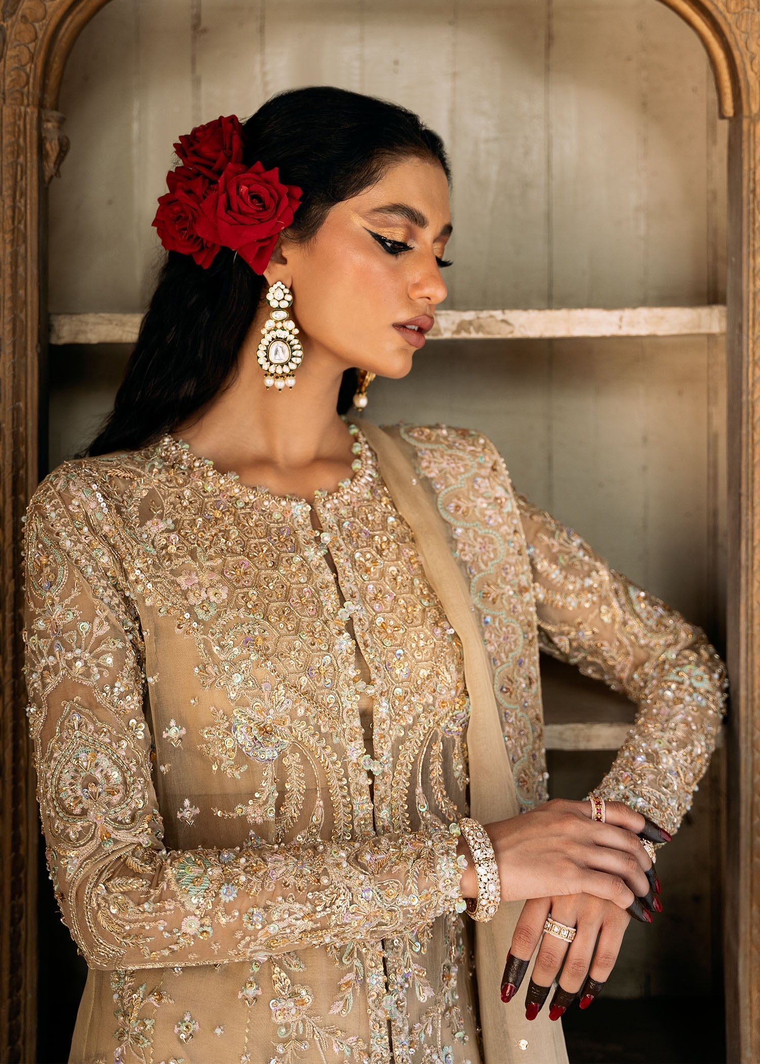 Indian Nude Embellished Kathan Organza Open Gown Sharara (3-Piece) - Image 7