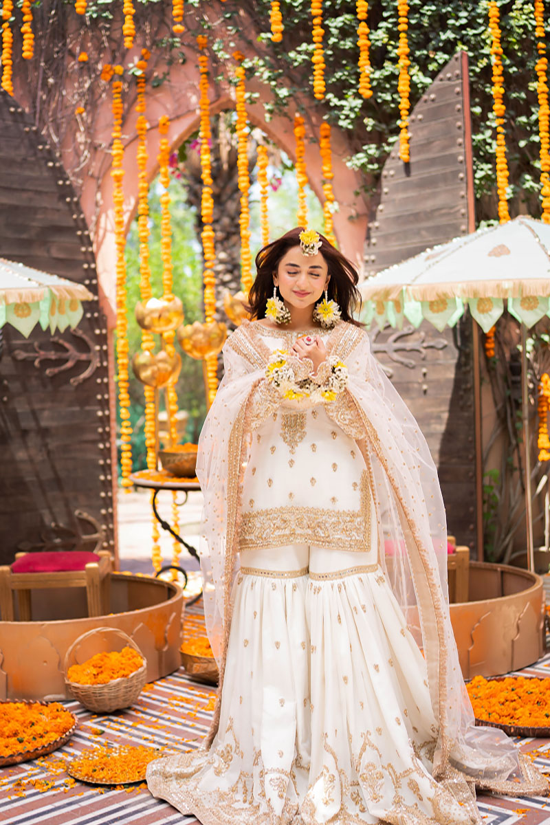 Pakistani Off-White Embroidered Khadi Net Farshi Sharara (3-Piece) - Image 6