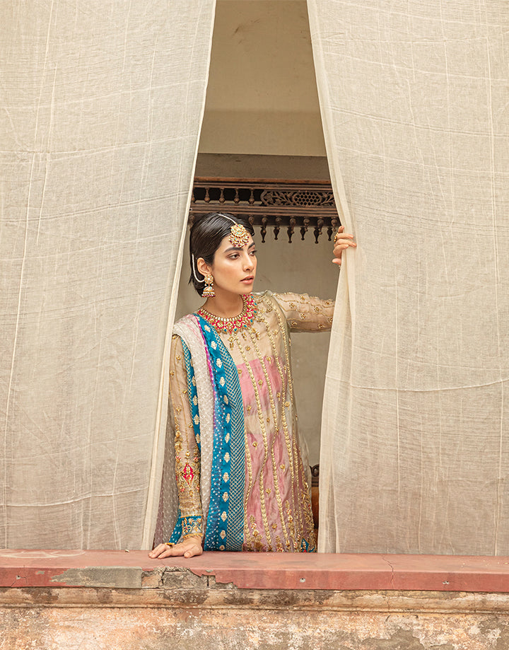 Pakistani Ivory Handworked Tissue Shirt & Fuchsia Silk Sharara (3-Piece) - Image 12
