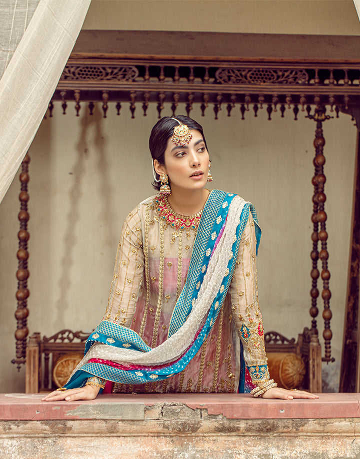 Pakistani Ivory Handworked Tissue Shirt & Fuchsia Silk Sharara (3-Piece) - Image 2