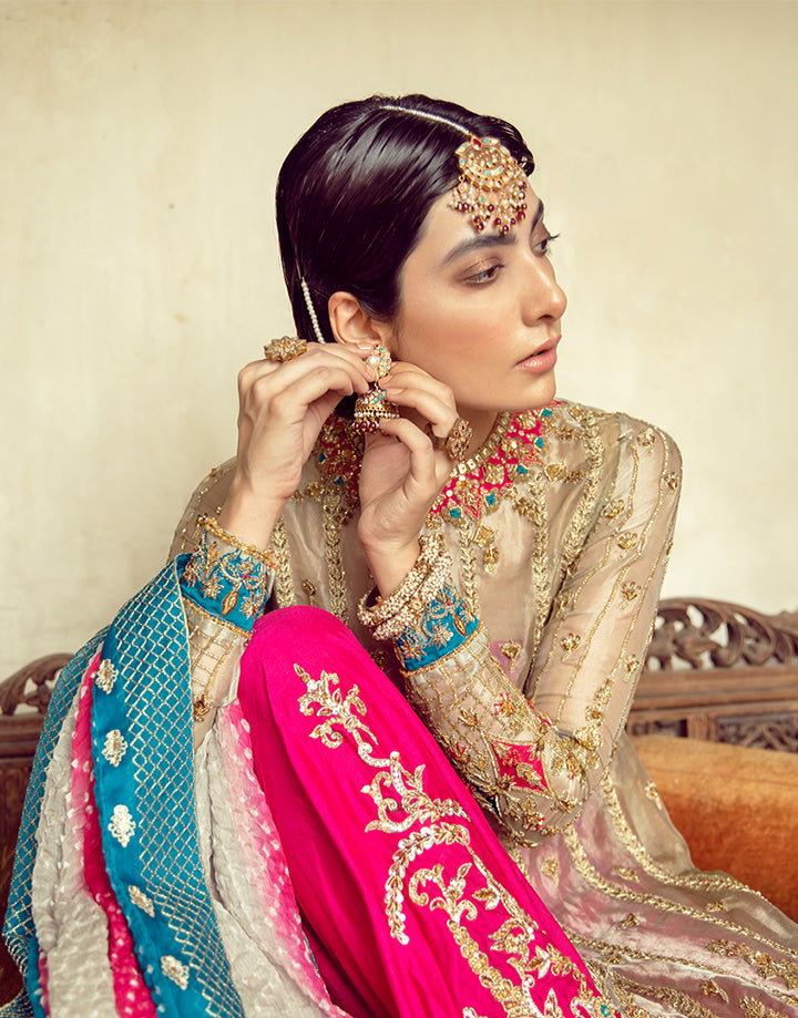 Pakistani Ivory Handworked Tissue Shirt & Fuchsia Silk Sharara (3-Piece) - Image 6