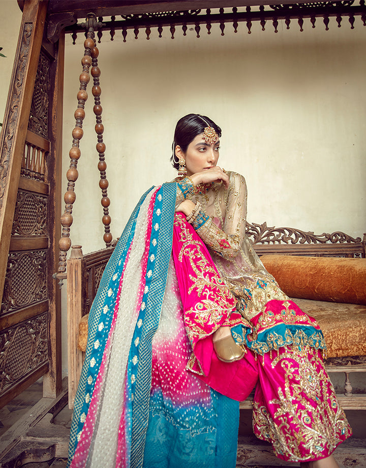 Pakistani Ivory Handworked Tissue Shirt & Fuchsia Silk Sharara (3-Piece) - Image 7