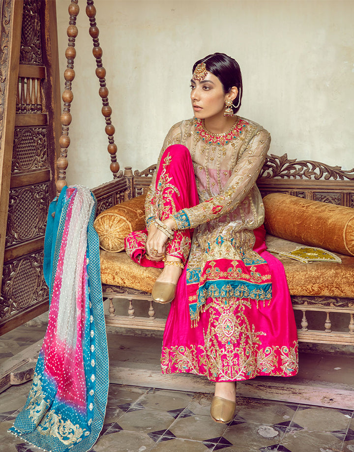 Pakistani Ivory Handworked Tissue Shirt & Fuchsia Silk Sharara (3-Piece) - Image 9