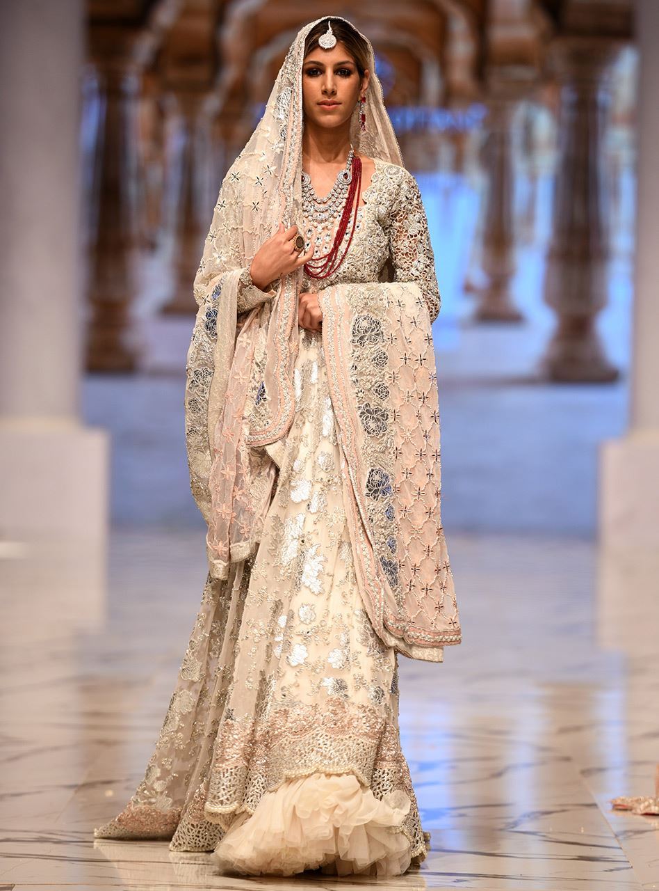 Pakistani Ivory Cutwork Net Bridal Sharara (3-Piece) - Image 1