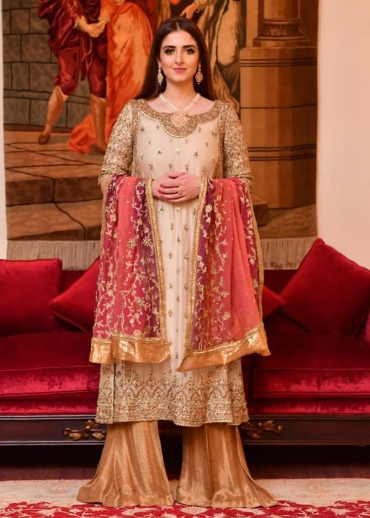 Pakistani Ivory Gold Embroidered Bridal Sharara (3-Piece) - Image 1