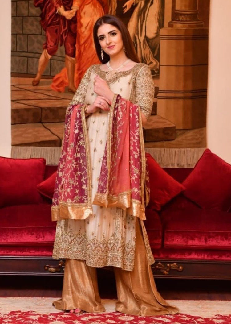 Pakistani Ivory Gold Embroidered Bridal Sharara (3-Piece) - Image 2